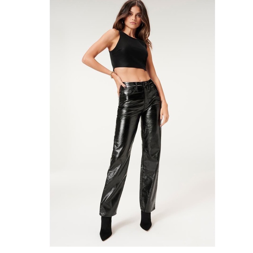 Good American Good 90s Faux Leather Pants Black High Rise Straight Wide Leg 6/28
